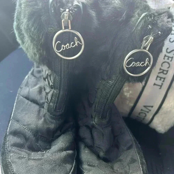 COACH "Faith" Sz 8 Black Monogram Boots w/Rabbit Fur Cuff LOGO - Picture 1 of 6